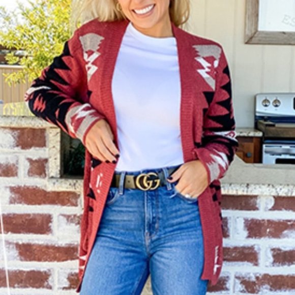 Boho Tribal Aztec Open Front Loose Slouchy Long Sleeve Sweater Cardigan - Picture 4 of 7